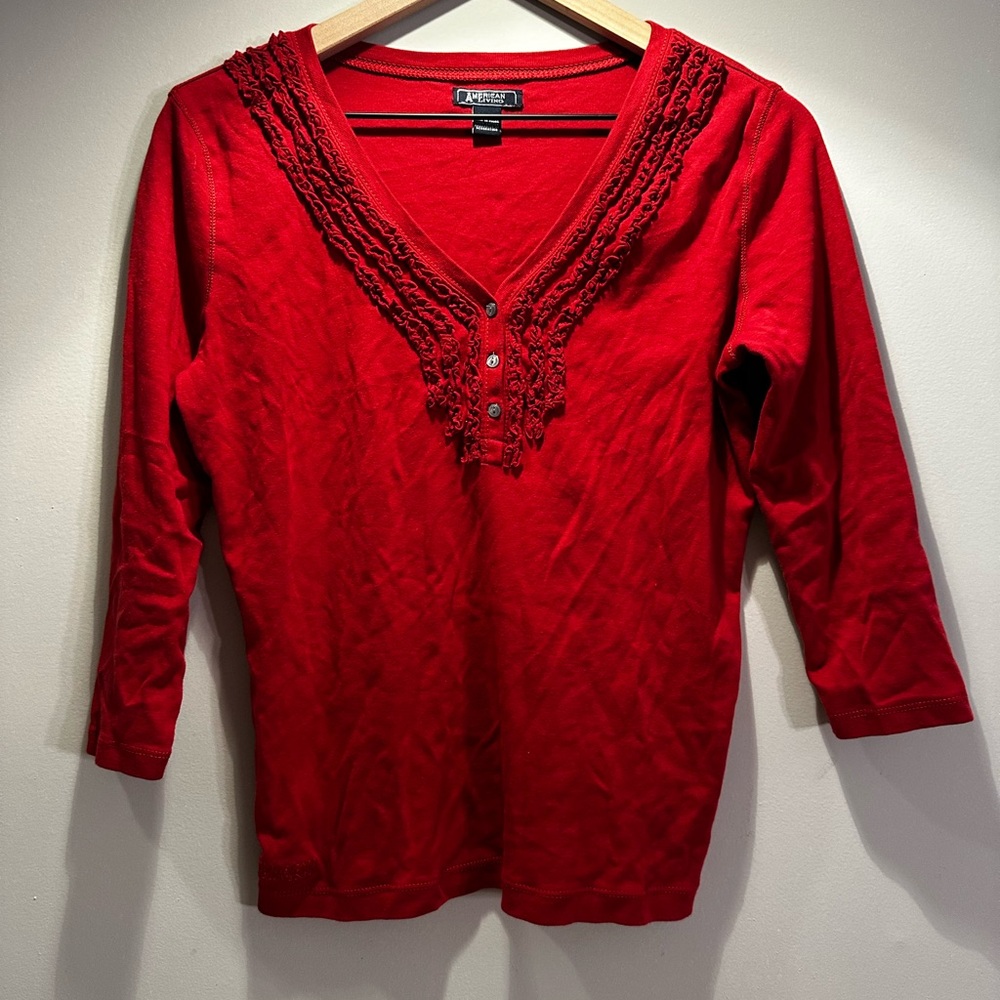 American Living Red V-Neck Top with Lace Trim